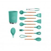 Ustensile gatit SIKS® bucatarie, 13 piese, antiaderente, silicon cu maner de lemn, turcoaz/natur