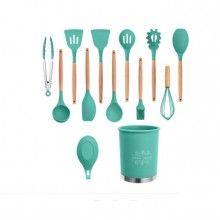 Ustensile gatit SIKS® bucatarie, 13 piese, antiaderente, silicon cu maner de lemn, turcoaz/natur