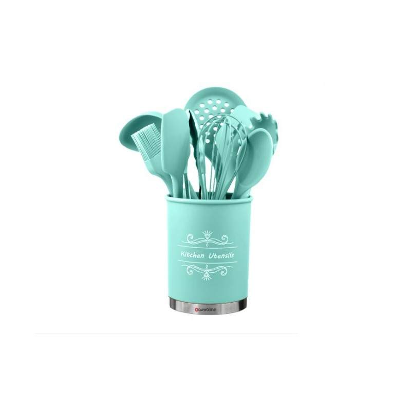 Ustensile gatit SIKS® bucatarie, 13 piese, antiaderente, silicon cu maner de lemn, turcoaz/natur