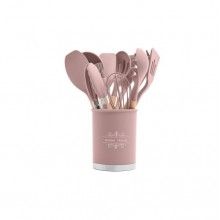 Ustensile gatit SIKS® bucatarie, 13 piese, antiaderente, silicon cu maner de lemn, roz/natur