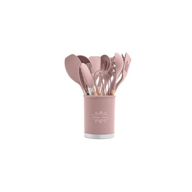 Ustensile gatit SIKS® bucatarie, 13 piese, antiaderente, silicon cu maner de lemn, roz/natur