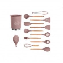 Ustensile gatit SIKS® bucatarie, 13 piese, antiaderente, silicon cu maner de lemn, roz/natur