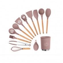 Ustensile gatit EDAR® bucatarie, 13 piese pentru gatit, antiaderente, silicon cu maner de lemn, roz/natur