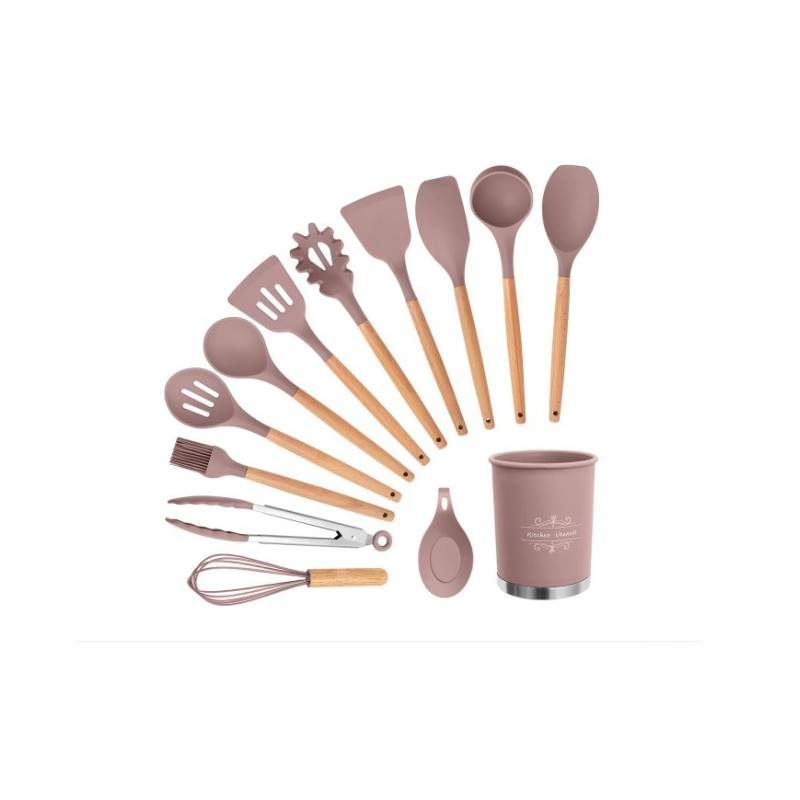 Ustensile gatit EDAR® bucatarie, 13 piese pentru gatit, antiaderente, silicon cu maner de lemn, roz/natur