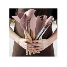 Ustensile gatit EDAR® bucatarie, 13 piese pentru gatit, antiaderente, silicon cu maner de lemn, roz/natur
