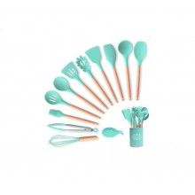 Ustensile gatit EDAR® bucatarie, 13 piese pentru gatit, antiaderente, silicon cu maner de lemn, turcoaz/natur