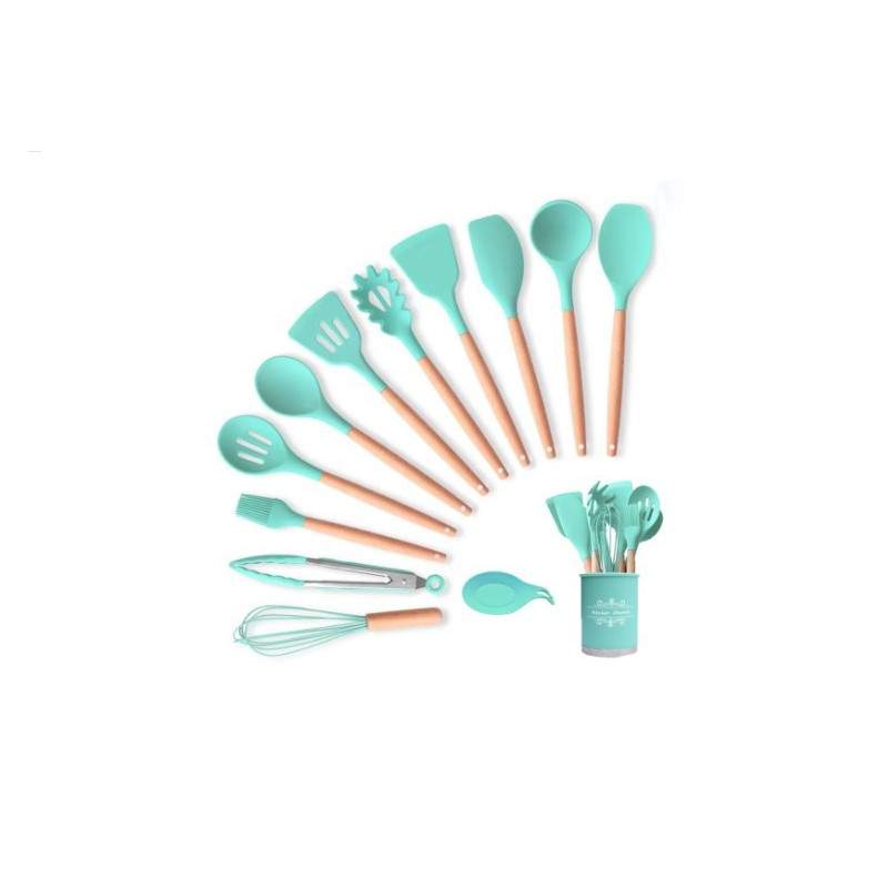 Ustensile gatit EDAR® bucatarie, 13 piese pentru gatit, antiaderente, silicon cu maner de lemn, turcoaz/natur