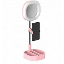 Lampa circulara patrata SIKS® de machiaj, cu oglinda si suport telefon/accesorii, portabil, 64 leduri, roz