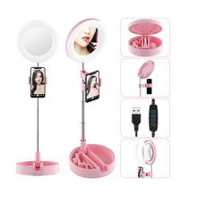 Oglinda rotunda SIKS® pentru machiaj, cu suport pentru telefon si accesorii, inaltime 28 cm, roz Oglinda rotunda SIKS® pentru machiaj, cu suport pentru telefon si accesorii, inaltime 28 cm, roz