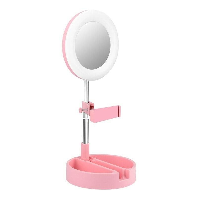 Oglinda rotunda SIKS® pentru machiaj, cu suport pentru telefon si accesorii, inaltime 28 cm, roz Oglinda rotunda SIKS® pentru machiaj, cu suport pentru telefon si accesorii, inaltime 28 cm, roz