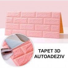 Tapet 3D Autoadeziv SIKS®, model caramida in relief, roz, design modern, rezistent la apa, usor de curatat, dimensiuni 77x70cm