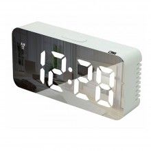 Ceas digital LED alb SIKS® de masa cu efect de oglinda, alarma si termometru