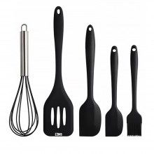 Set 5 Ustensile de Bucatarie SIKS® din Silicon Termorezistent, Tel, Pensula, Spatula Mare, Spatula Mica, Paleta, Negru
