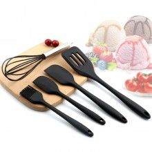 Set 5 Ustensile de Bucatarie SIKS® din Silicon Termorezistent, Tel, Pensula, Spatula Mare, Spatula Mica, Paleta, Negru
