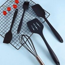 Set 5 Ustensile de Bucatarie SIKS® din Silicon Termorezistent, Tel, Pensula, Spatula Mare, Spatula Mica, Paleta, Negru