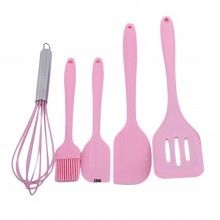 Set 5 Ustensile de Bucatarie SIKS® din Silicon Termorezistent, Tel, Pensula, Spatula Mare, Spatula Mica, Paleta, Roz