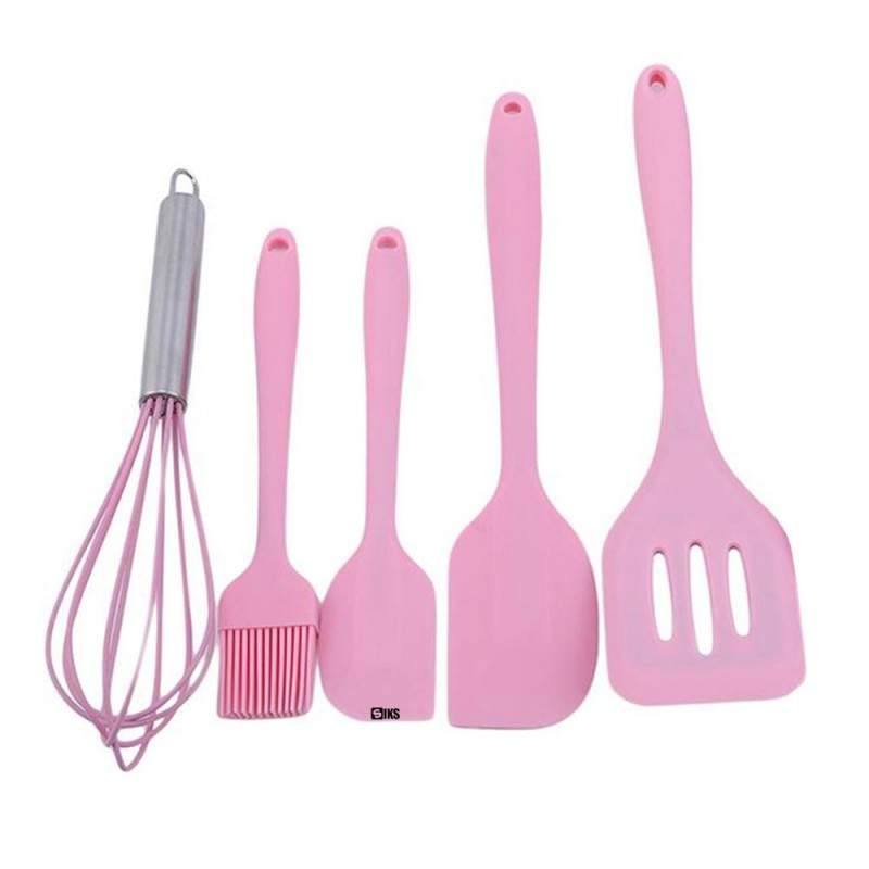 Set 5 Ustensile de Bucatarie SIKS® din Silicon Termorezistent, Tel, Pensula, Spatula Mare, Spatula Mica, Paleta, Roz