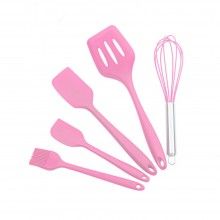 Set 5 Ustensile de Bucatarie SIKS® din Silicon Termorezistent, Tel, Pensula, Spatula Mare, Spatula Mica, Paleta, Roz
