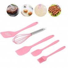 Set 5 Ustensile de Bucatarie SIKS® din Silicon Termorezistent, Tel, Pensula, Spatula Mare, Spatula Mica, Paleta, Roz