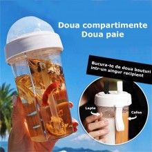Pahar Portabil Dublu SIKS®, Transparent, 2 Paie, Reutilizabil, Plastic, Pentru Bubble Tea, 420 ML, Alb