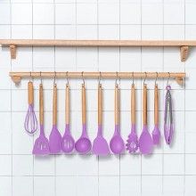 Set 12 Ustensile SIKS Din Silicon Alimentar, SPA12, Cu Maner De Lemn, Mov