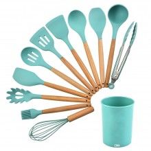 Set 12 Ustensile SIKS Din Silicon Alimentar, SPA12, Cu Maner De Lemn, Turcoaz