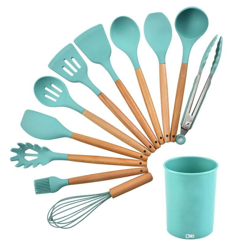 Set 12 Ustensile SIKS Din Silicon Alimentar, SPA12, Cu Maner De Lemn, Turcoaz