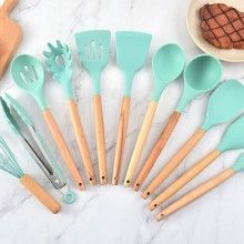 Set 12 Ustensile SIKS Din Silicon Alimentar, SPA12, Cu Maner De Lemn, Turcoaz