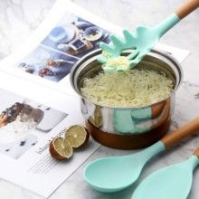 Set 12 Ustensile SIKS Din Silicon Alimentar, SPA12, Cu Maner De Lemn, Turcoaz