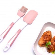 Set 2 Ustensile Bucatarie SIKS SPA02 Pentru Casa, 1 Pensula Si 1 Spatula, Silicon Roz Cu Maner De Plastic Alb/Roz