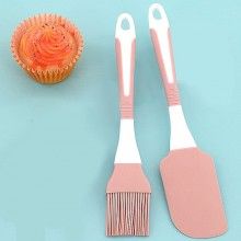Set 2 Ustensile Bucatarie SIKS SPA02 Pentru Casa, 1 Pensula Si 1 Spatula, Silicon Roz Cu Maner De Plastic Alb/Roz