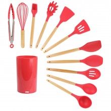 Set 12 Ustensile SIKS Din Silicon Alimentar, SPA12, Cu Maner De Lemn, Rosu