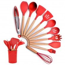 Set 12 Ustensile SIKS Din Silicon Alimentar, SPA12, Cu Maner De Lemn, Rosu