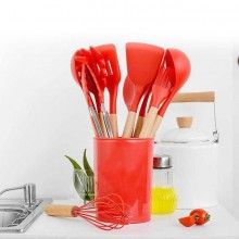 Set 12 Ustensile SIKS Din Silicon Alimentar, SPA12, Cu Maner De Lemn, Rosu