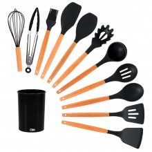 Set 12 Ustensile SIKS Din Silicon Alimentar, SPA12, Cu Maner De Lemn, Negru