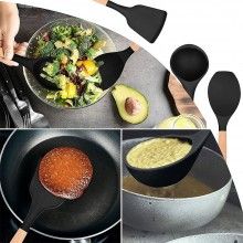 Set 12 Ustensile SIKS Din Silicon Alimentar, SPA12, Cu Maner De Lemn, Negru