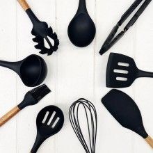 Set 12 Ustensile SIKS Din Silicon Alimentar, SPA12, Cu Maner De Lemn, Negru