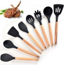 Set 12 Ustensile SIKS Din Silicon Alimentar, SPA12, Cu Maner De Lemn, Negru