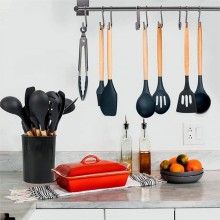 Set 12 Ustensile SIKS Din Silicon Alimentar, SPA12, Cu Maner De Lemn, Negru