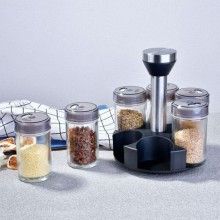 Set 6 x Recipiente pentru Condimente SIKS, Suport Rotativ, Negru/Argintiu