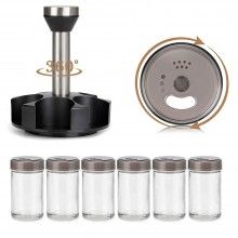 Set 6 x Recipiente pentru Condimente SIKS, Suport Rotativ, Negru/Argintiu Set 6 x Recipiente pentru Condimente SIKS, Suport Rotativ, Negru/Argintiu