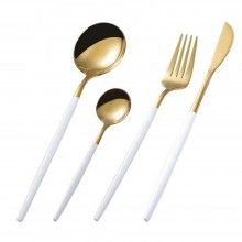 Set Tacamuri SIKS 24 Piese Stil Portughez, Otel Inoxidabil, Alb/Auriu