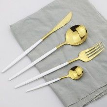 Set Tacamuri SIKS 24 Piese Stil Portughez, Otel Inoxidabil, Alb/Auriu