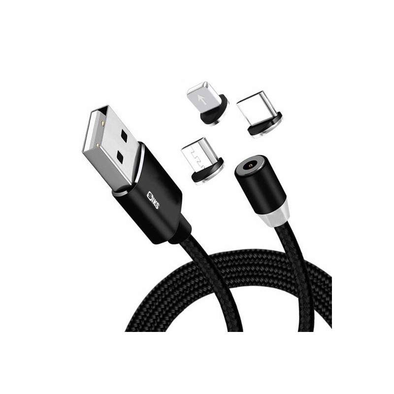 Cablu de incarcare 3in1 SIKS, magnetic, Lightning, Micro-USB, Type-C, Negru