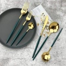 Set Tacamuri EDAR 24 Piese Stil Portughez, Otel Inoxidabil, Verde/Auriu