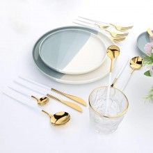 Set Tacamuri EDAR 24 Piese Stil Portughez, Otel Inoxidabil, Finisaj Lucios, Alb/Auriu Set Tacamuri EDAR 24 Piese Stil Portughez, Otel Inoxidabil, Finisaj Lucios, Alb/Auriu