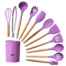 Set 12 Ustensile EDAR Din Silicon Alimentar, SPA12, Cu Maner De Lemn, Mov, 2 Kg
