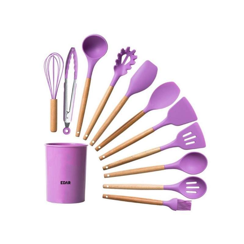 Set 12 Ustensile EDAR Din Silicon Alimentar, SPA12, Cu Maner De Lemn, Mov, 2 Kg
