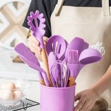 Set 12 Ustensile EDAR Din Silicon Alimentar, SPA12, Cu Maner De Lemn, Mov, 2 Kg