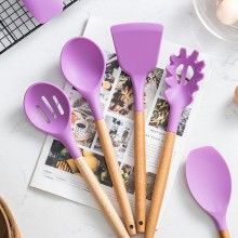 Set 12 Ustensile EDAR Din Silicon Alimentar, SPA12, Cu Maner De Lemn, Mov, 2 Kg